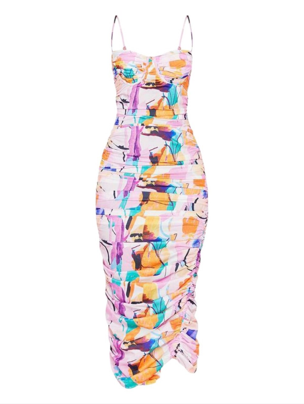 Pretty Little Thing Multi Abstract Print Asymmetric Detail Ruched Dress